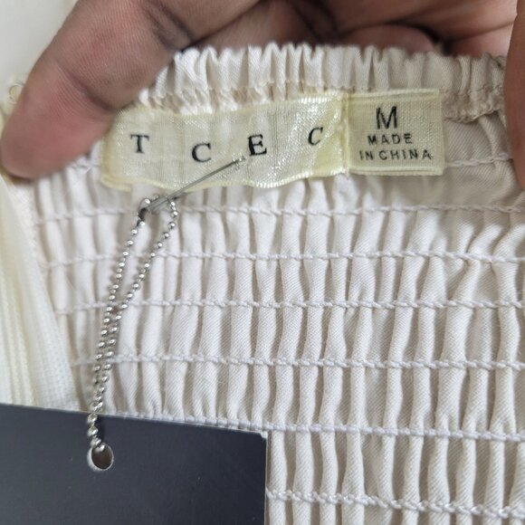 NWT TCEC Beige Strapless Belted Smocked Sweetheart Pockets Mini Dress Medium - Picture 10 of 11